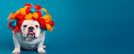 An attractive pug in a multicolored wig on a blue background. A banner, a place for text.の素材