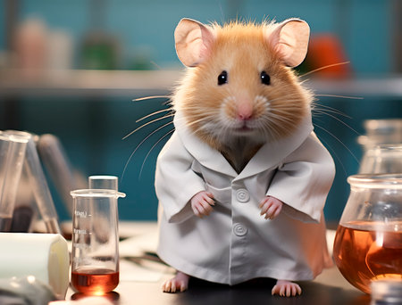 Laboratory mouse in front of laboratory glassware, studio shotの素材