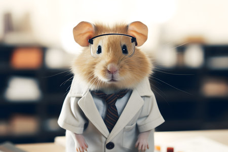 Laboratory mouse in front of laboratory glassware, studio shotの素材