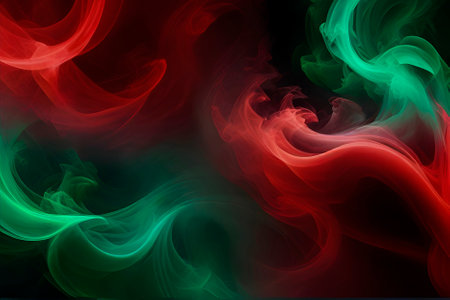 Poster with color powder explosions, splashes of pink and green paint burst, bright colorful clouds of smoke and dust with particles on black background.の素材