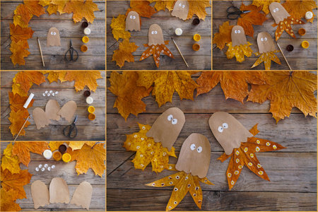 Collage an octopus craft from autumn leaves and kraft paper. Flat layの写真素材