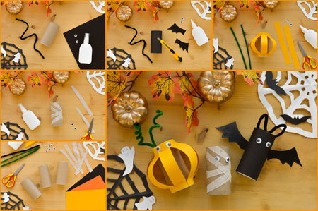 Collage halloween decoration from toilet paper roll, handmade vampire bat. easy paper crafts for kids.の写真素材