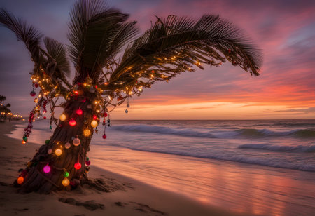 Christmas ball on palm tree branch on background of Sunset sea. Happy New Year and Merry Christmas on beach concept, celebration holidays in warm countries. Banner Copy spaceの素材