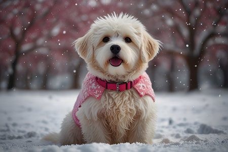 Dog wearing fashionable clothing on snow at nice winter dayの素材