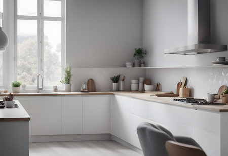 A wide-angle shot of a minimalist kitchen interior in soft, light tones. White cabinets, marble countertops, and an open, airy layout create a spacious feel. Simple, elegant decor and stainless-steel appliances complement the modern aestheticの素材