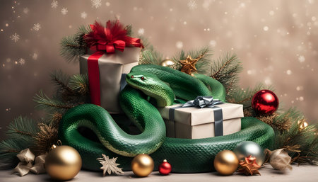Festive Green Snake on Christmas Gift Box Surrounded by gift boxesの素材