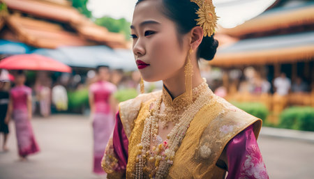 women in traditional Thai costumes having fun splashing water to each other on Song kran festival in elephant camp, Chiangmai Thailandの素材