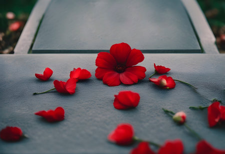A red flower and petals on a concrete tombstone. RIP.の素材