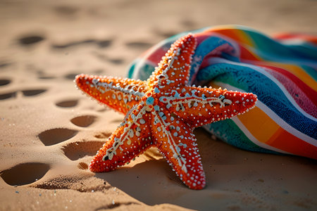 Red starfish on the sand. View from above. Empty space for design.の素材