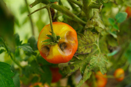 Diseased tomato plants. Sick vegetables. Farm greenhouse diseasesの写真素材