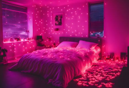 A bedroom decorated with romantic fairy lights forming a heart above the bed, rose petals scattered across the white duvet, and a soft pink throw blanket for a cozy Valentine's Day atmosphereの素材