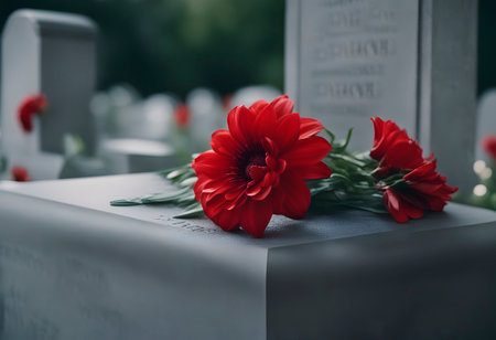 A red flower and petals on a concrete tombstone. RIP.の素材