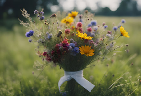 A beautiful bouquet of mixed flowers wrapped in rustic brown paper, featuring vibrant yellow and pink blossoms, and accented with delicate greenery.の素材