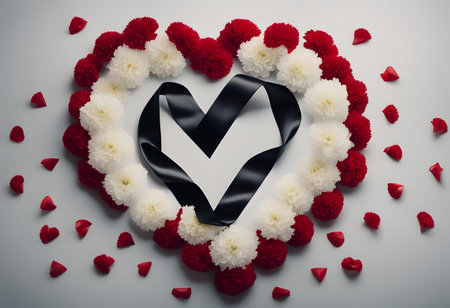 A detailed flat lay of a funeral banner, displaying red carnations arranged in a heart shape with a flowing black ribbon intertwined, set against a muted backdropの素材