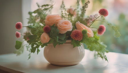An eco-friendly floral arrangement in a repurposed ceramic vase, featuring seasonal blooms and leafy greens against a soft, pastel backgroundの素材