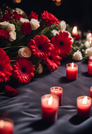 A gracefully designed memorial table adorned with red roses and gerbera daisies set against a rich velvet backdrop, symbolizing love and remembrance.の素材