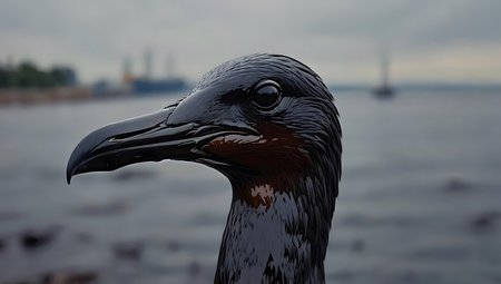 Portrait of a pied duck in the port of Hamburg, Germanyの素材