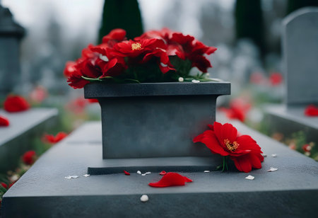 A red flower and petals on a concrete tombstone. RIP.の素材