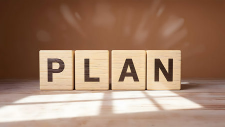 On a rustic wooden surface, wooden letters spell "PLAN", standing out against a softly blurred background.の素材