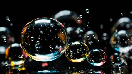 Beautiful transparent soap bubbles on dark backgroundの素材