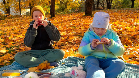 Boy and girl enjoying having picnic together in public park on sunny autumn dayの写真素材