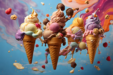 Falling ice cream scoops on pink backgroundの素材