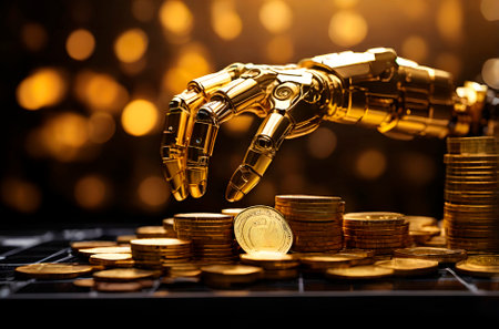 A robotic hand holding a stack of gold coins against a blurred background with bokeh lights and investの素材