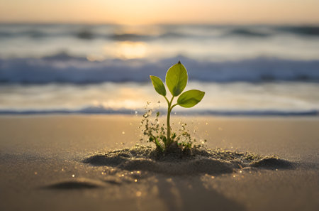 Green plant growing on the beach with sunset background. Nature concept.の素材