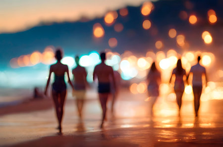 blurred background photo of many people had fun at a beach partyの素材