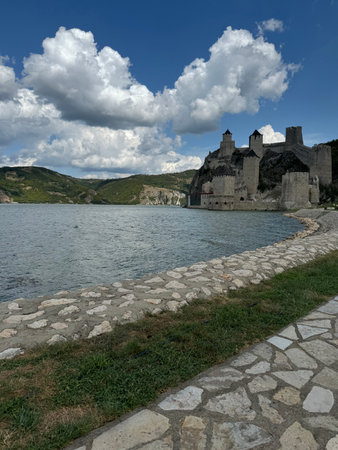 Golubac Fortress (Golubacka trvdjava, or Goluback Grad) taken during a sunny afternoon. The Golubac Castle was a medieval fortified town on the Danube River in Serbiaの写真素材