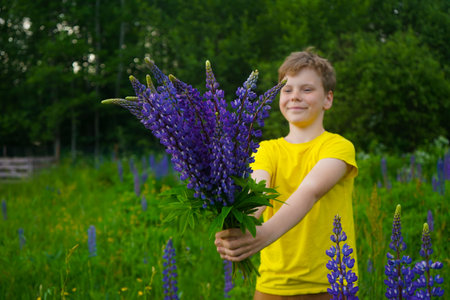 A cheerful boy in a yellow T-shirt stands in a lush lupine field, smiling brightly under a clear blue sky, radiating happiness and innocence.の写真素材