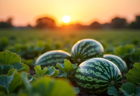 Organic Watermelon Field At sunsetの素材