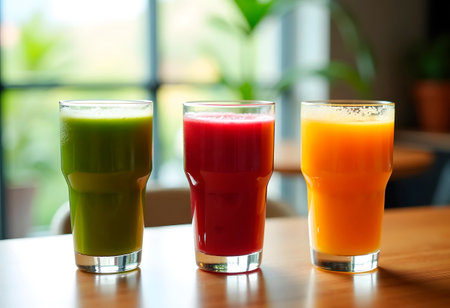 set of different flavor smoothie in disposable glasses on wooden tableの素材