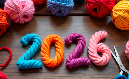 New Years background 2026. Multicolored crochet numbers, skein of wool yarn and knitting needles on gray background. New Years start creative handcrafted idea for DIY craftersの素材