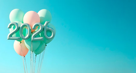 Happy new year 2026balloons on blue sky background. Greeting card foil balloons numbers Christmas holiday concept. Celebration party congratulationの素材