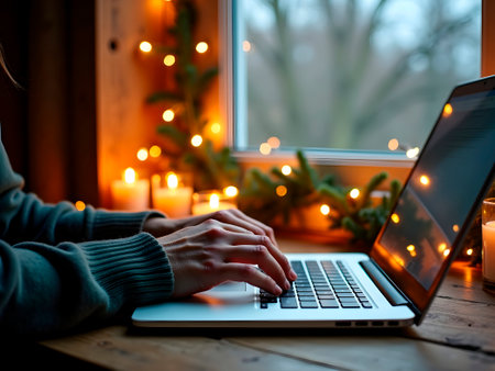Close up of woman hands and laptop. Online shopping at Christmas holidays. Freelance girl walking from home office. Female typing at notebook computer. Christmas moments.の素材