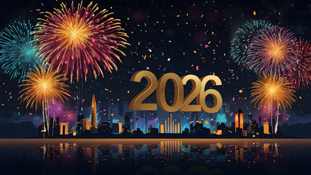happy new year, new year's eve, silvester, new year, celebration greeting card Year 2026 in sparkler font and fireworks pyrotechnic, isolated on black night sky backgroundの素材