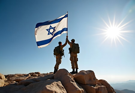 Two soldiers raise the Israeli flag on top of the mountainの素材
