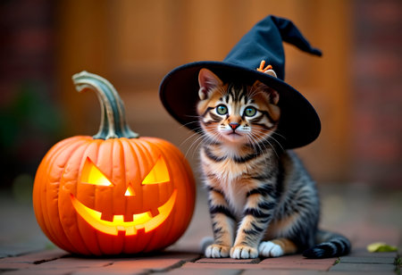Scary halloween pumpkin jack-o-lantern and somali kitten on black backgroundの素材