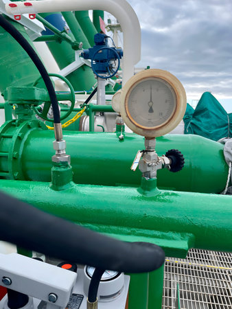 Close-up pipes, tubes and pressure gauge of marine diesel engine