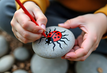 A detailed picture of a child's hands drawing a ladybug on a stone with acrylic paints. Home hobbies are authentic. Artwork on stones.の素材