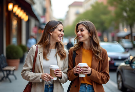 Outdoors portrait of two cheerful girls drinking coffee. Walking in the city.の素材