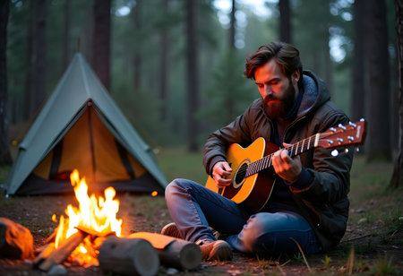 A person relaxing while sitting next to a campfire on a beach, playing a guitarの素材
