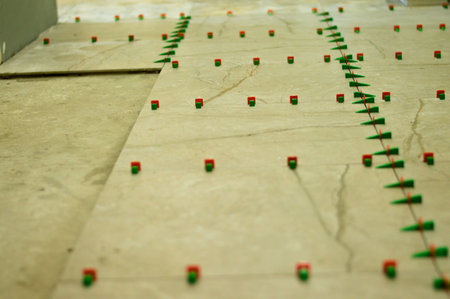 This leveling system utilizes specialized clips and wedges to ensure all ceramic tiles are installed on a perfectly flat plane, eliminating any uneven edges or height variations between them.の写真素材