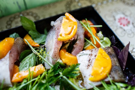 Zander fish and other ingredients on the tableの写真素材