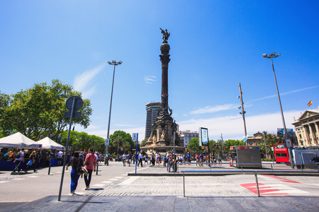 Barcelona, Spain - May 27, 2016: Statue of Christopher Columbus on boulevard La Rambla Santa Monicaのeditorial素材