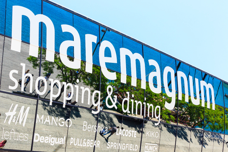 Barcelona, Spain - May 27, 2016: view of mirror signboard of shopping and entertainment center Maremagnum in the Port Vell de Barcelonaのeditorial素材