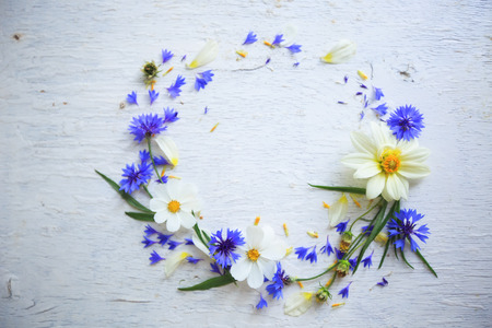 Flower composition on the wooden white backgroundの写真素材