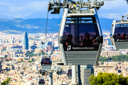 Barcelona, Spain - May 29, 2016: Montjuic funicular, panaramic view of Barcelona, skyscraper Tower Aguas de Barcelonaのeditorial素材
