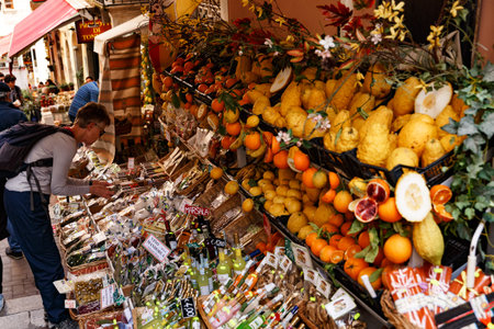 Souvenir shop in a narrow street of Taormina. national sicilian food and drinksのeditorial素材